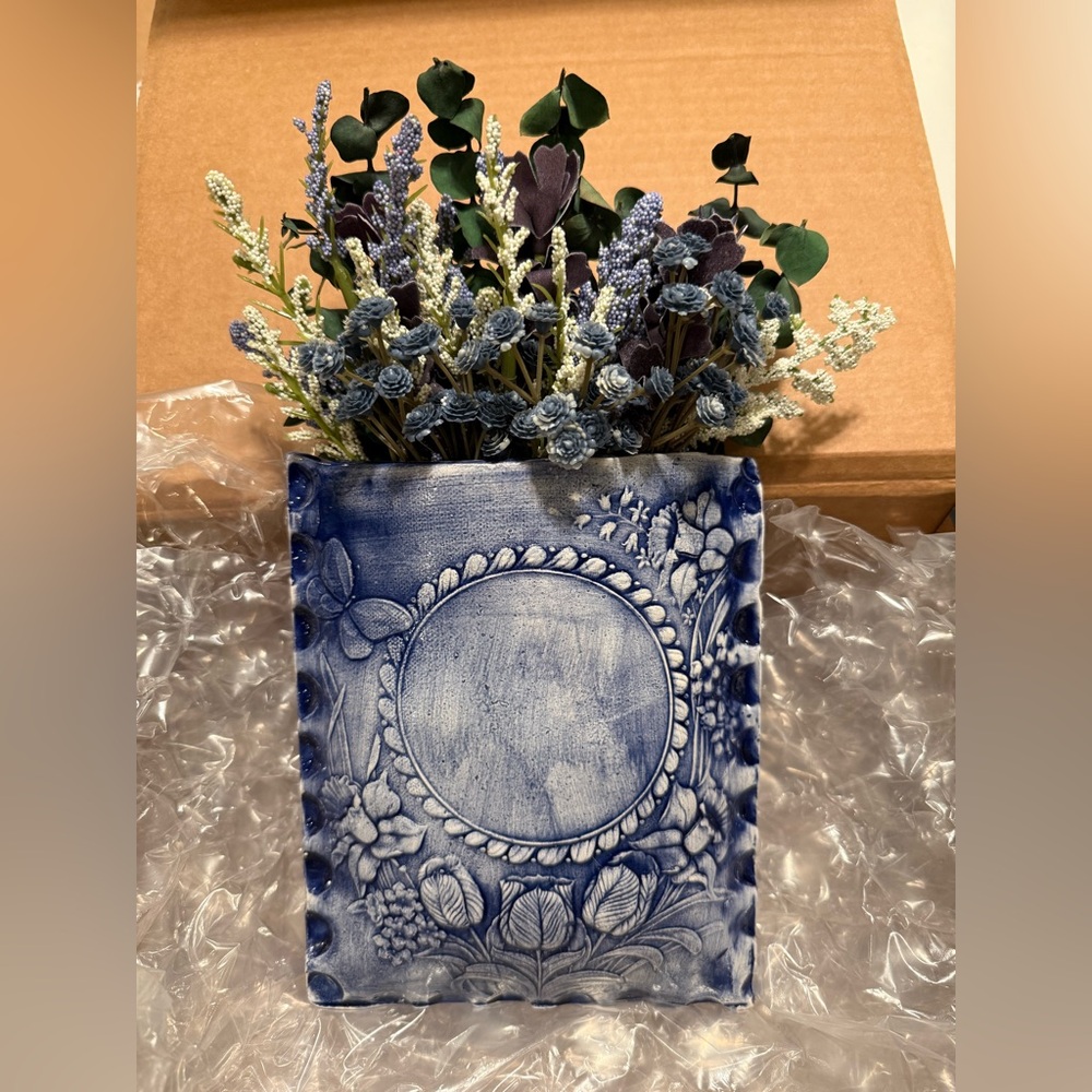 Blue Floral Ceramic Vase with Dried Flowers